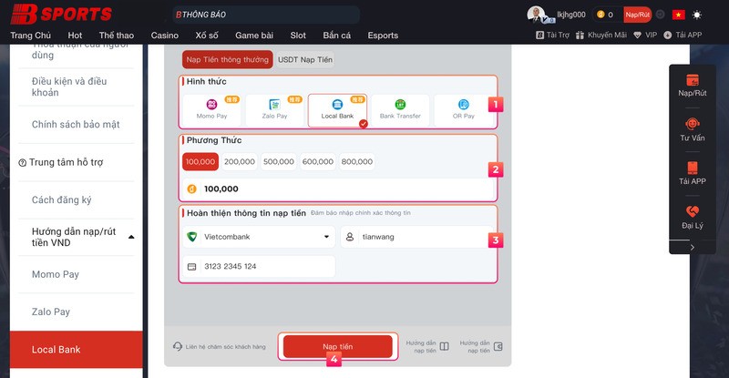 Bsport cung cấp nhiều hình thức nạp tiền thông thường