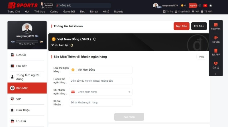 Cập nhật ngân hàng thụ hưởng theo yêu cầu nhà cái 